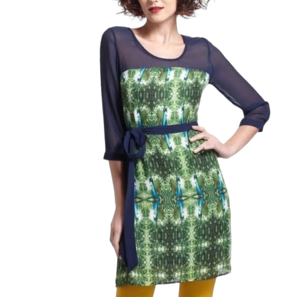 RARE Anthropologie Maeve Blue Green Peacock Print Scoop Neck Tie Waist Dress - M